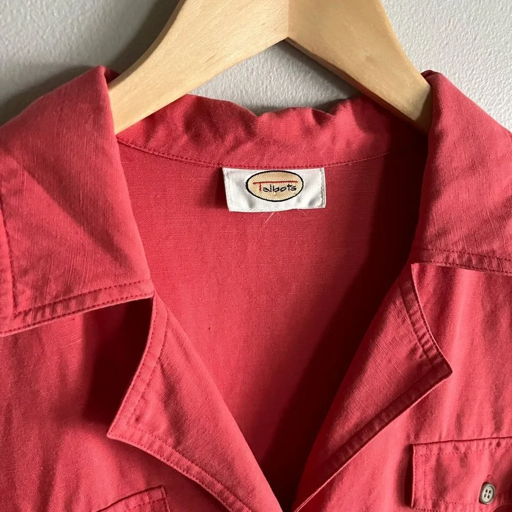 Talbots Linen Blend Shirt-Dress With Pockets Short Sleeve Red Rustic M-L